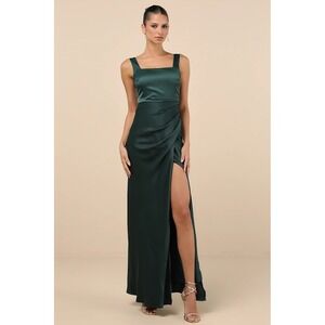 Lulus Emerald Green Satin Ruched Square Neck Maxi Dress Bridesmaid Formal S